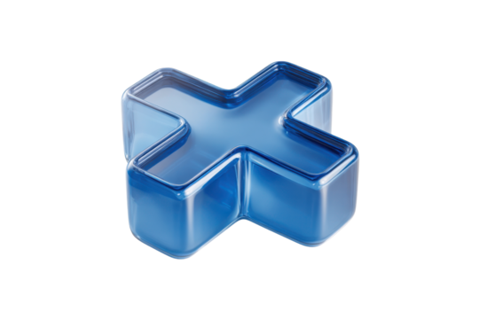 Translucent blue glass cross symbol with rounded edges on black background image