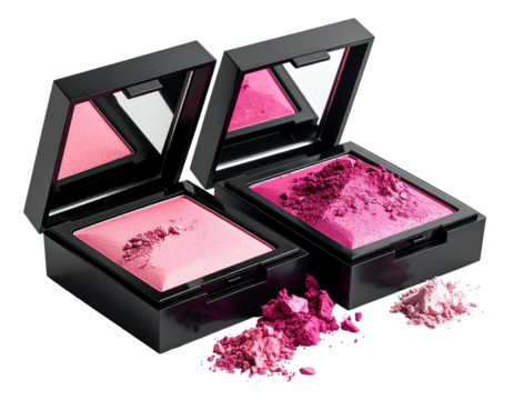 Two blush compacts, one light pink and one dark pink