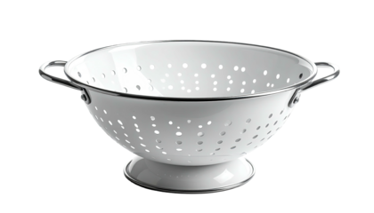 White colander with holes and steel rim, isolated on black