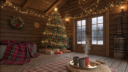 Christmas tree holiday season winter cabin cozy lights gifts decorations fireplace snow festive celebration ornaments star rustic wood interior warmth joy