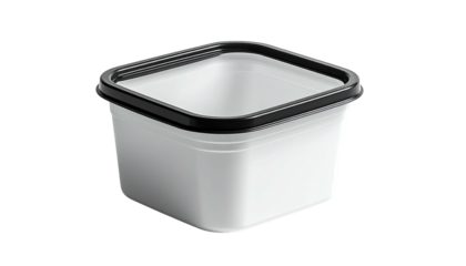 Angled view of a white, square plastic container, black rim