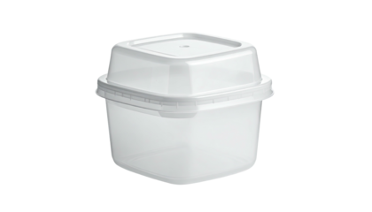 Clear plastic food container, square base, dome lid