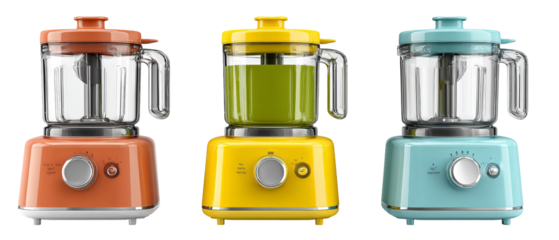 A vibrant trio of modern blenders in orange, yellow, and blue, showcasing their sleek design and functionality, set against a clean, minimalistic kitchen background