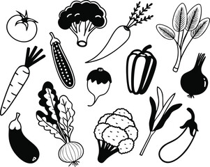 Hand drawn vegetable icon bundle featuring carrot tomato broccoli onion and more vector illustration