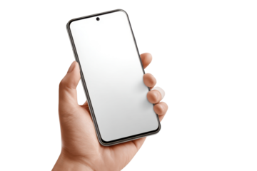 Hand holding a modern smartphone with a blank white screen on black background mobile
