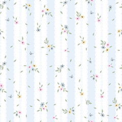 Delicate Pastel Floral and Butterfly Seamless Pattern on Scalloped lace Stripes. Perfect for fabric, wallpaper, gift wrapping, stationery, and baby apparel.
