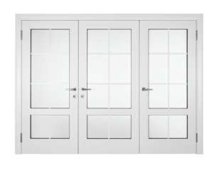 White french doors with rectangular panes fill the frame
