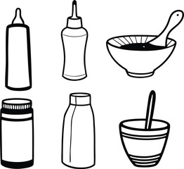 Hand drawn sauce and condiment icons vector bundle for food and kitchen designs scalable eps
