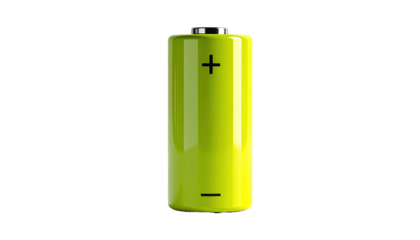 Yellow battery with a plus and minus symbol, black background