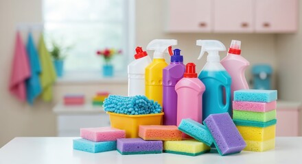 Cleaning Supplies: A vibrant array of cleaning supplies, including bottles and sponges, meticulously arranged on a table, ready for a sparkling transformation.