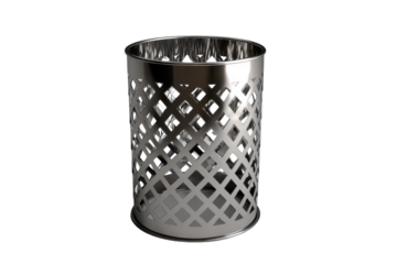 Silver metal waste bin with diamond pattern cutout on black background trash
