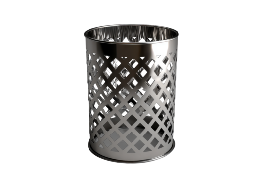 Silver metal waste bin with diamond pattern cutout on black background trash
