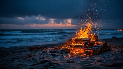 bonfire on sandy beach under dark sky, glowing campfire flames on seaside at night, warm fire burning at coastline with reflection
