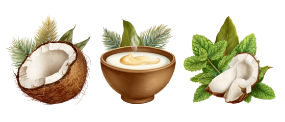 A vibrant illustration showcasing a split coconut, a creamy coconut-based dish steaming in a clay bowl, and fresh green leaves, evoking a tropical culinary experience