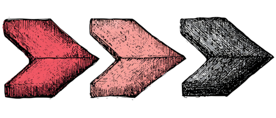 A collection of three artistic arrows in varying shades of red and gray, creatively illustrated to convey direction and movement, suitable for design and graphic projects