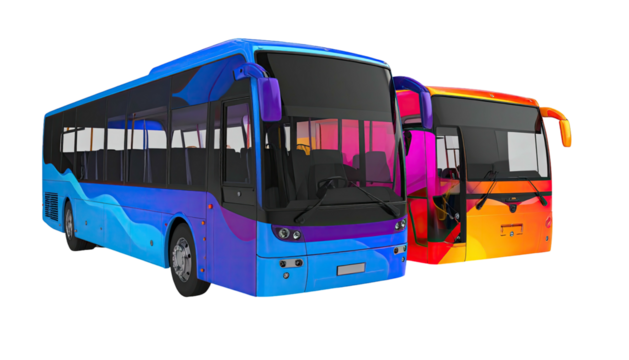 Two vibrant buses, blue and orange, angle away from viewer