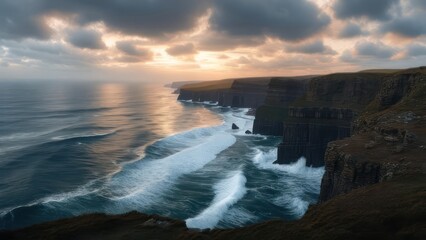 Dramatic cliffs meet stormy sea at sunset