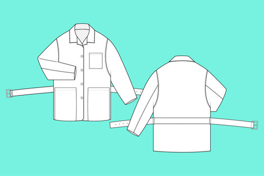 Unisex Utility Chore Coat with Belted Back Detail Technical Fashion Flat Sketch Template.