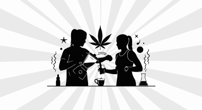 Two people preparing cannabis infused drinks with a marijuana leaf emblem
