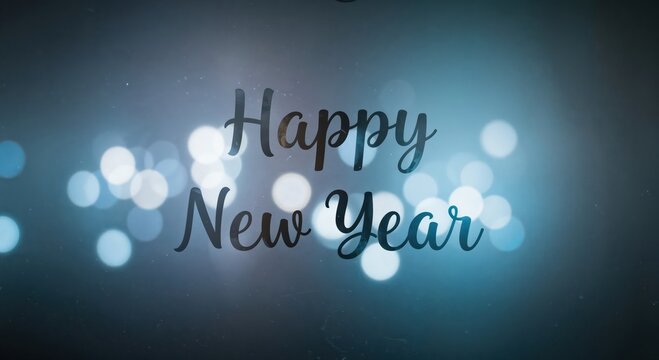 Festive Wishes: Happy New Year elegantly displayed amidst a backdrop of soft bokeh lights, setting a joyous and celebratory tone for the occasion.