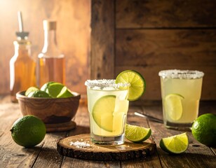 Refreshing Margarita Cocktails with Lime and Salt on a Wooden Surface
