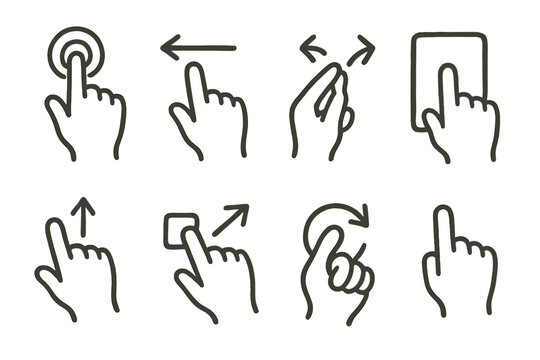 Hand Gesture Icons. Touch Interactions outline icons: hand tap icon, swipe left gesture, pinch open, screen touch, finger scroll, drag element, rotate gesture, hold action.