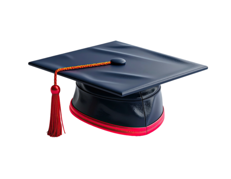 Shiny graduation cap with red tassel, centered on black