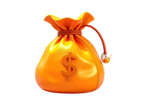 Shiny orange bag with dollar sign against a black background