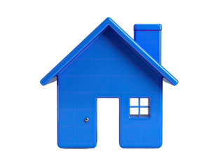 Glossy blue home icon with chimney on a stark black background