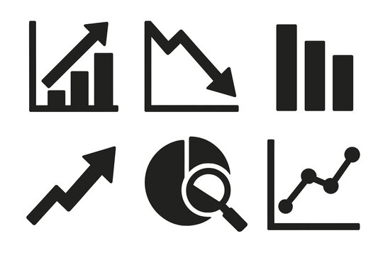 Bold Market Icons. Market Trends silhouette icon set: upward graph, downward graph, comparison bars, growth arrow, market analysis, trend chart.