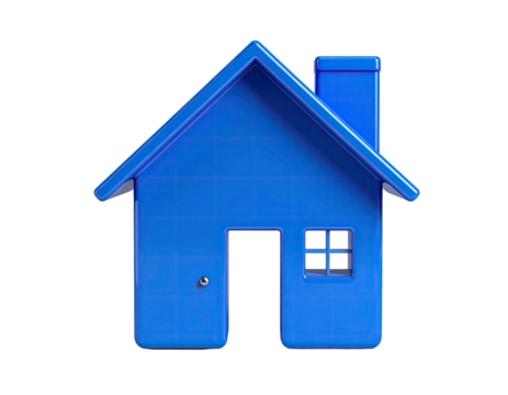 Glossy blue home icon with chimney on a stark black background