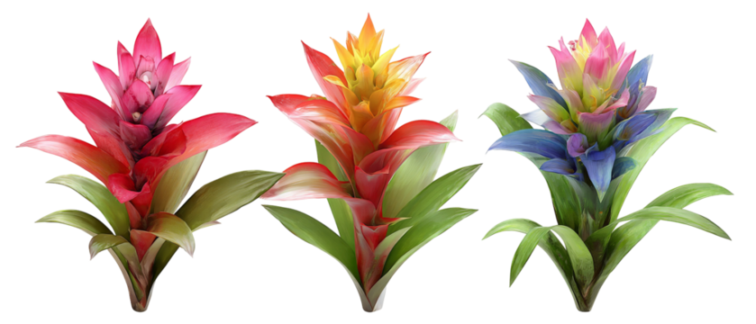 A vibrant display of three colorful bromeliad plants showcasing bright pink, red, yellow, and blue flowers, set against a clean background, ideal for nature-themed projects