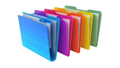 Row of colorful file folders filled with paper documents