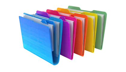 Row of colorful file folders filled with paper documents