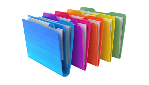 Row of colorful file folders filled with paper documents - Powered by Adobe