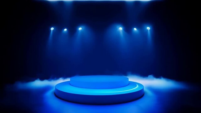 Empty Blue Stage Podium With Spotlights And Smoke Effects In A Dark Room Suitable For Awards Ceremony Or Presentation