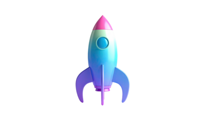 Colorful 3D rocket, blue body, pink tip, on a dark backdrop