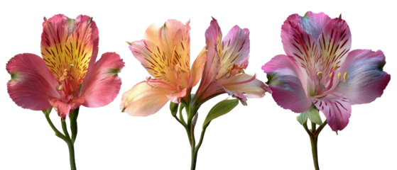 Three vibrant alstroemeria flowers in varying shades of pink and purple, showcasing their delicate petals and intricate details against a clean background, ideal for floral design and decoration