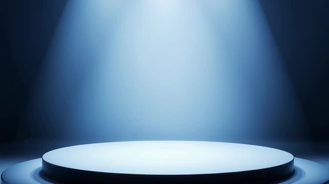 Empty Circular Stage Platform Illuminated by Dramatic Blue Spotlights with Atmospheric Fog and Soft Shadows