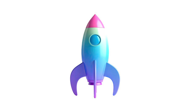 Colorful 3D rocket, blue body, pink tip, on a dark backdrop