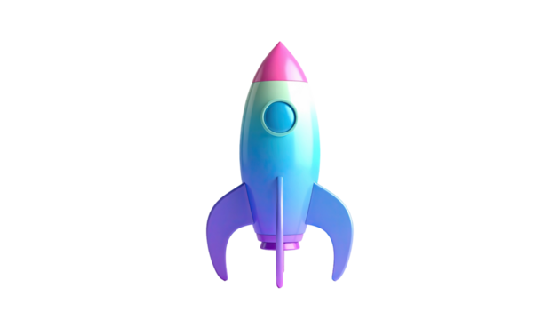 Colorful 3D rocket, blue body, pink tip, on a dark backdrop