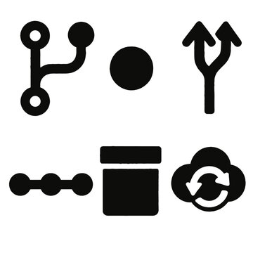 Brutalist Version Control Icons. Version Control silhouette icon set: branch diagram, commit dot, merge arrows, history timeline, repository icon, sync cloud.