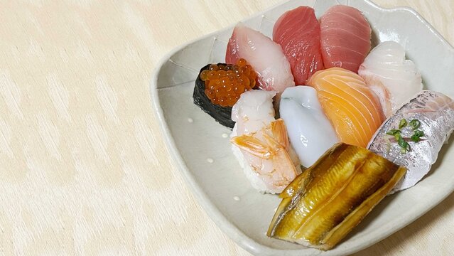 Assorted Japanese sushi on the cute plate