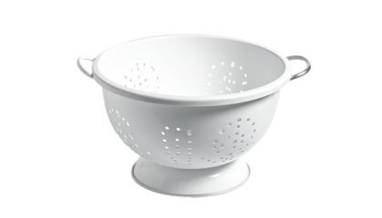 White metal colander with holes, angled view against black