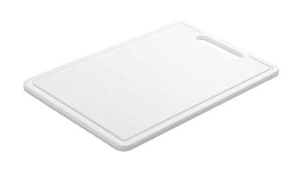 Angled view of rectangular white plastic cutting board