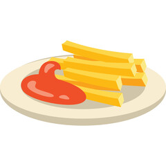 Golden Yellow French Fries Served with Bright Red Ketchup on a Simple White Plate Isolated on Transparent Background A Classic Snack Dish