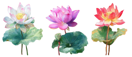 A serene collection of three vibrant lotus flowers in varying colors, gracefully blooming above lush green leaves, set against a soft, blurred background that enhances their beauty