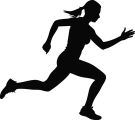 A silhouetted image depicts a woman actively running with determined posture and