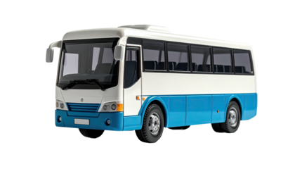 Blue & white short-wheelbase bus at angle on a black background