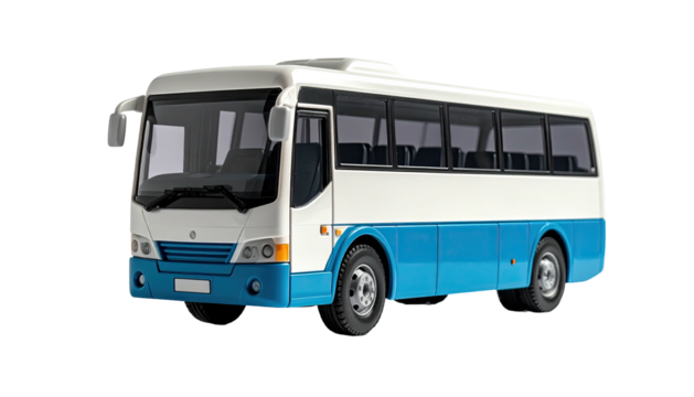 Blue & white short-wheelbase bus at angle on a black background